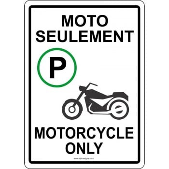 Affiche de stationnement bilingue avec pictogramme : moto seulement