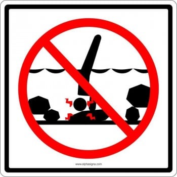 Affiche de sécurité pictogramme pour plan d'eau: ne pas plonger rochers submergés