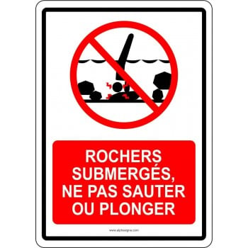 Affiche de sécurité pour plan d'eau: rochers submergés ne pas sauter ou plonger