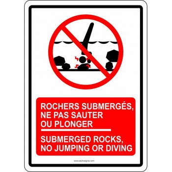 Affiche de sécurité pour plan d'eau bilingue: rochers submergés ne pas sauter ou plonger