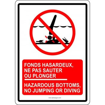 Affiche de sécurité pour plan d'eau bilingue: fonds hasardeux ne pas sauter ou plonger