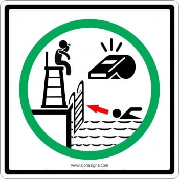 Affiche de sécurité pour piscine: au coup de sifflet, il faut sortir!