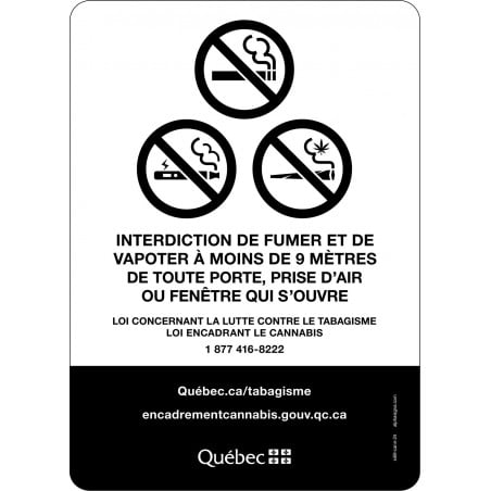 Affiche interdiction de fumer, vapoter à moins de 9 mètres de toute porte, prise d'air ou fenêtre qui s'ouvre - noir et blanc