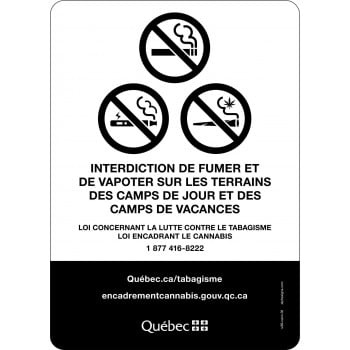 Affiche interdiction de fumer, vapoter sur terrains camp de jours et de vacances- noir et blanc