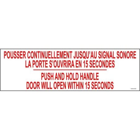 Affiche bilingue pour sortie d'urgence : Poussez continuellement jusqu'au signal sonore, la porte s'ouvrira en 15 secondes