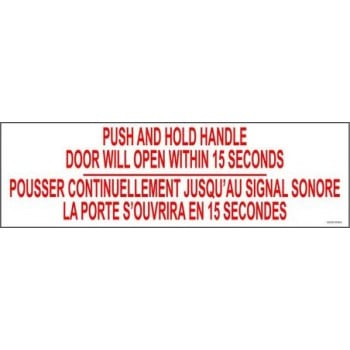 Affiche bilingue pour sortie d'urgence : Poussez continuellement jusqu'au signal sonore, la porte s'ouvrira en 15 secondes