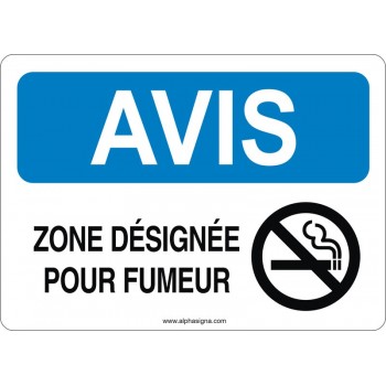 Affiche de sécurité: AVIS Zone désignée pour fumeur