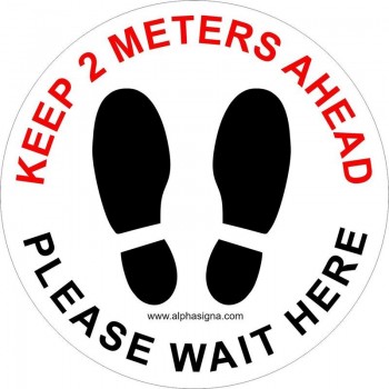 Autocollant pour plancher anglophone - forme ronde - distanciation physique - keep 2 meters ahead - Please wait here