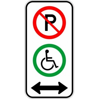 Panneau de prescription de stationnement : p-150-5-g-d - Stationnement interdit et handicapé avec flèche double sens