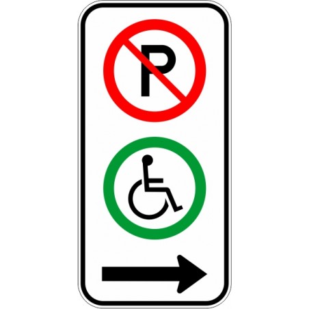 Panneau de prescription de stationnement : p-150-5-d - Stationnement interdit et handicapé avec flèche vers la droite