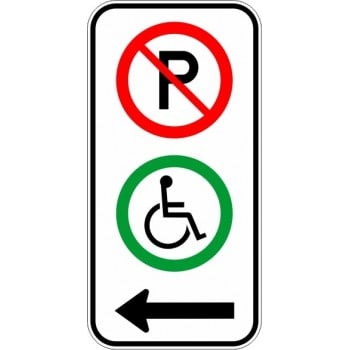 Panneau de prescription de stationnement : p-150-5-g - Stationnement interdit et handicapé avec flèche vers la gauche