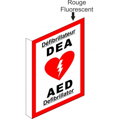 Affiche de sécurité pour défibrillation: bilingue DEA (en forme de L) avec Visibilité Plus (rouge fluorescent)