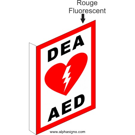 Affiche de sécurité pour défibrillation: DEA / AED perpendiculaire avec Visibilité Plus (rouge fluorescent) (en forme de L)