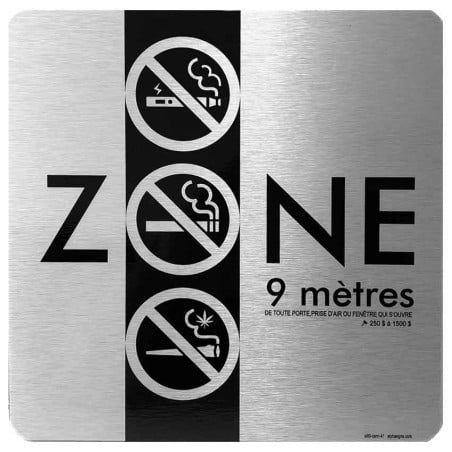 Affiche carrée Design et Élégante: zone d'interdiction de fumer, vapoter à moins de 9 mètres - fini aluminium brossé
