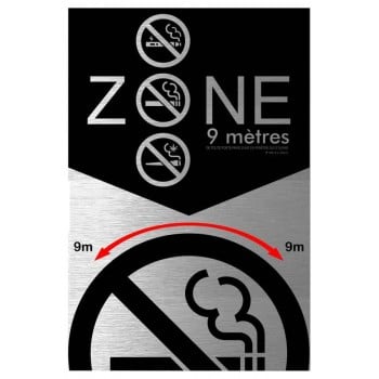 Affiche Design et Élégante: zone d'interdiction de fumer, vapoter à moins de 9 mètres - fini aluminium brossé