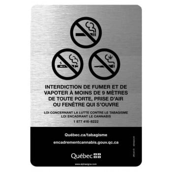 Affiche interdiction de fumer, vapoter à 9 mètres de toute porte, prise d'air ou fenêtre - fini aluminium brossé