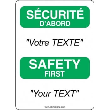 Affiche de sécurité bilingue Sécurité D'Abord: PERSONNALISABLE