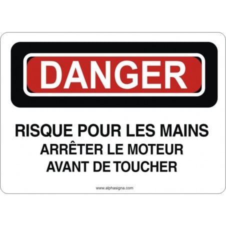 Affiche de sécurité: DANGER Risque pour les mains arrêter le moteur avant de toucher