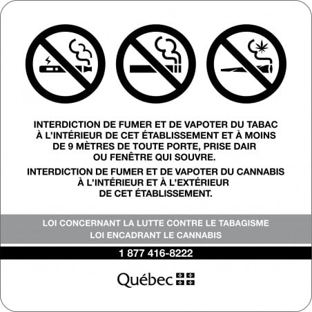 Affiche avec pictogramme d'interdiction de fumer, vapoter et cannabis, carré