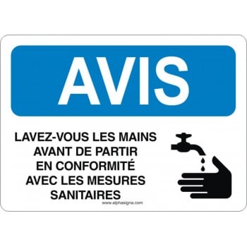 Affiche de sécurité: AVIS Lavez-vous les mains avant de partir en conformité avec les mesures sanitaires