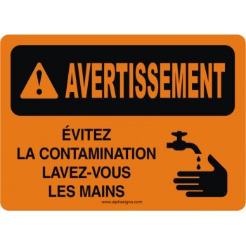 Affiche de sécurité: AVERTISSEMENT Évitez la contamination, lavez-vous les mains