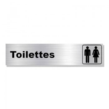 Plaque avec texte et pictogramme : Toilettes