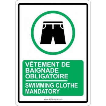 Affiche de sécurité bilingue pour piscine : vêtement de baignade obligatoire