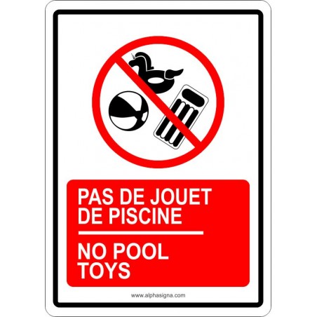 Affiche de sécurité bilingue pour piscine : pas de jouets de piscine