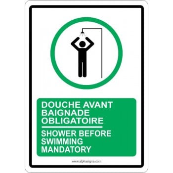 Affiche de sécurité bilingue pour piscine : douche avant baignade obligatoire