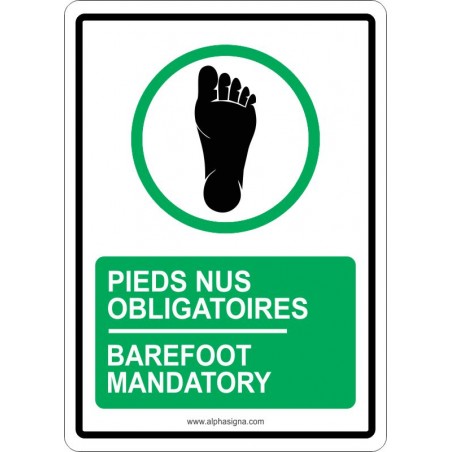 Affiche de sécurité bilingue pour piscine : pieds nus obligatoires