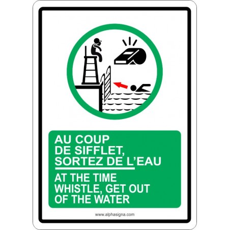 Affiche de sécurité bilingue pour piscine : au coup de sifflet, sortez de l'eau