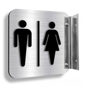 Affiche murale perpendiculaire avec pictogramme en relief 3D : Toilette homme femme (unijambe)