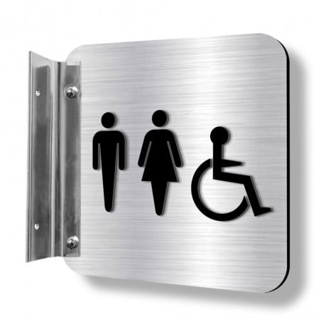Affiche murale perpendiculaire avec pictogramme en relief 3D : Toilette homme femme handicapé (unijambe)