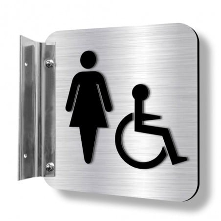 Affiche murale perpendiculaire avec pictogramme en relief 3D : Toilette femme handicapé (unijambe)