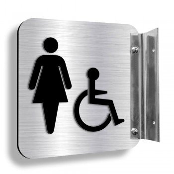 Affiche murale perpendiculaire avec pictogramme en relief 3D : Toilette femme handicapé (unijambe)