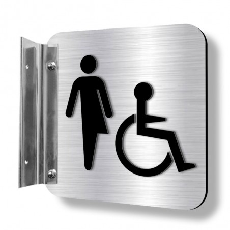 Affiche murale perpendiculaire avec pictogramme en relief 3D : Toilette non genrés handicapé (unijambe)