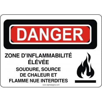 Affiche de sécurité: DANGER Zone d'inflammabilité élevée, soudure, source de chaleur et flammes nue interdite