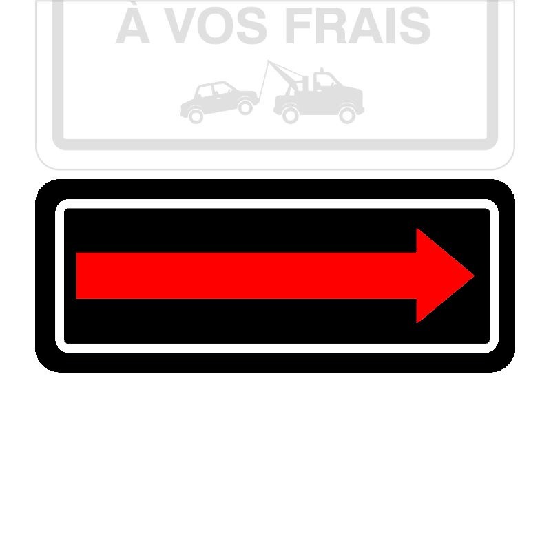 Plaque de stationnement complémentaire, flèche directionnelle rouge sur fond noir     Flèches:Flèche vers un côté