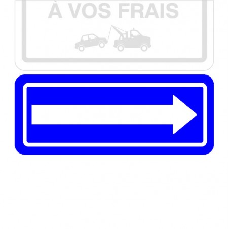 Plaque de stationnement complémentaire, flèche sur le côté, blanche sur fond bleu