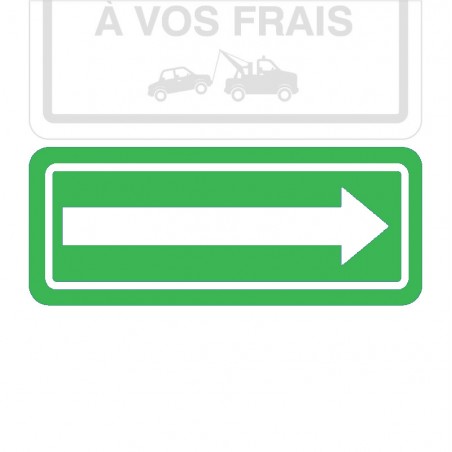 Plaque de stationnement complémentaire, flèche sur le côté, blanche sur fond vert